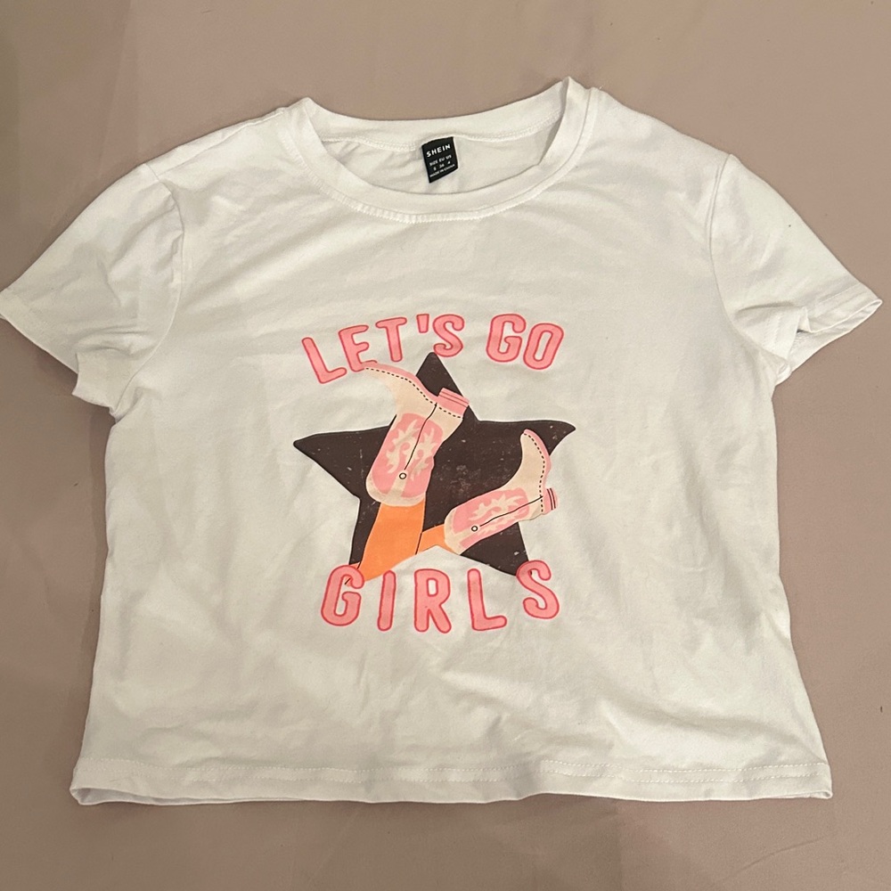 SHEIN White Tee with Pink Graphic “Let's Go Girls” baby tee